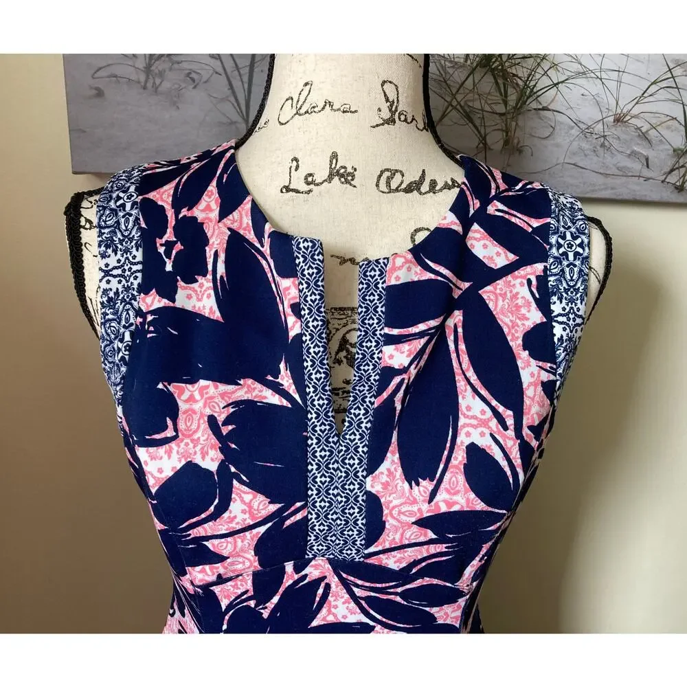 Liz Claiborne women's sleeveless peach & navy floral fit & flare dress, size 8 - Picture 3 of 8